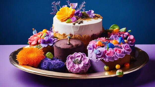 Photo cake platter with colorful floral cakes on lavender background