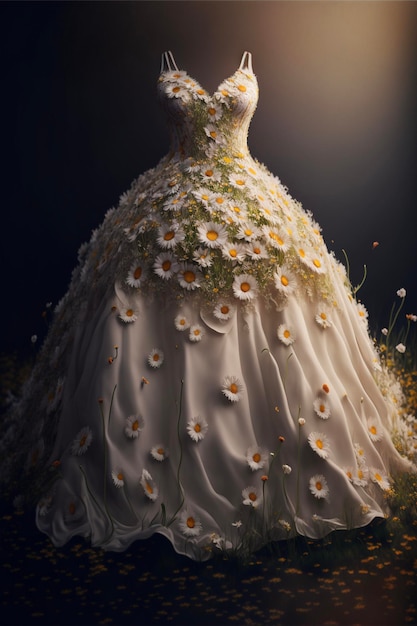 Cake in the shape of a dress with daisies on it generative ai