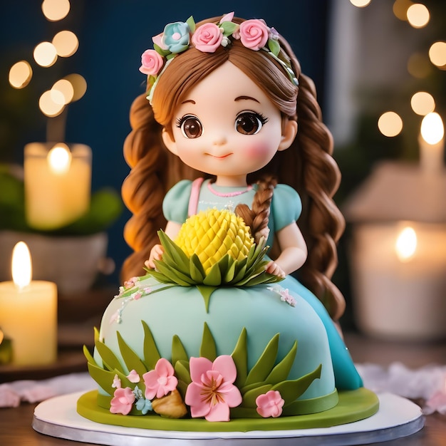 Cake shaped doll girl in princess dress holding fruit Generative AI