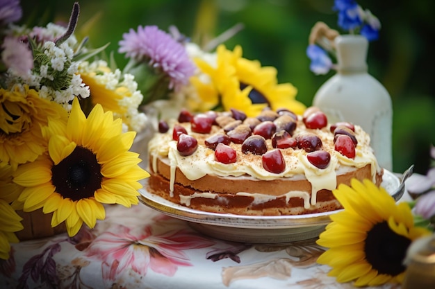 A cake sits on a table in a garden