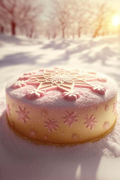 Cake sitting on top of a snow covered ground generative ai