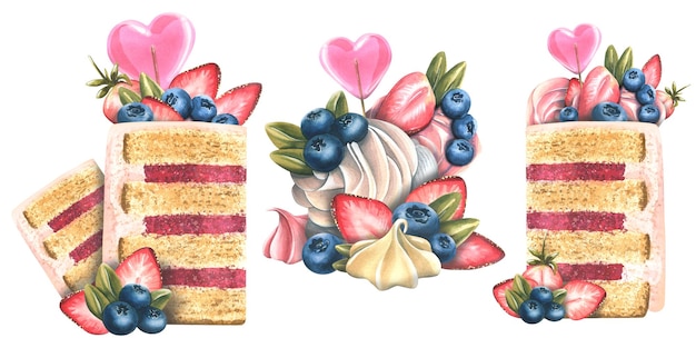 Cake slices and cupcakes with cream berries lollipops and meringue Watercolor illustration Objects from the SWEETS collection For decoration and design of menus cafes kitchen utensils dishes