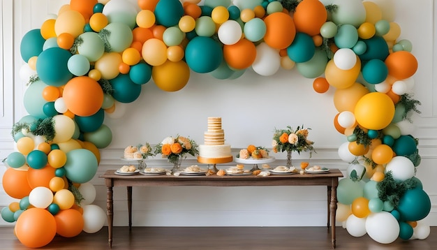 a cake table with a cake and balloons on it