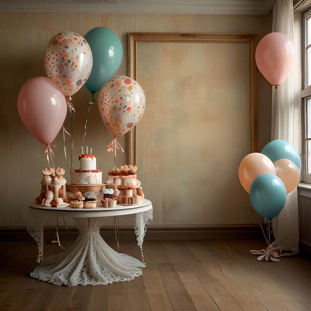 Photo a cake table with a cake and balloons on it