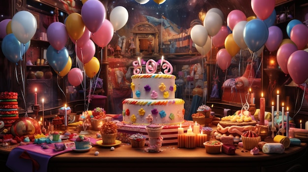 a cake with balloons and a cake on it