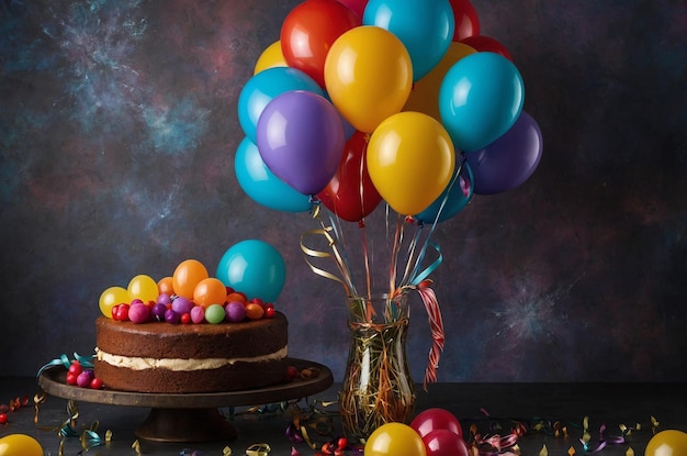 Photo a cake with balloons on it and a bottle of water next to it