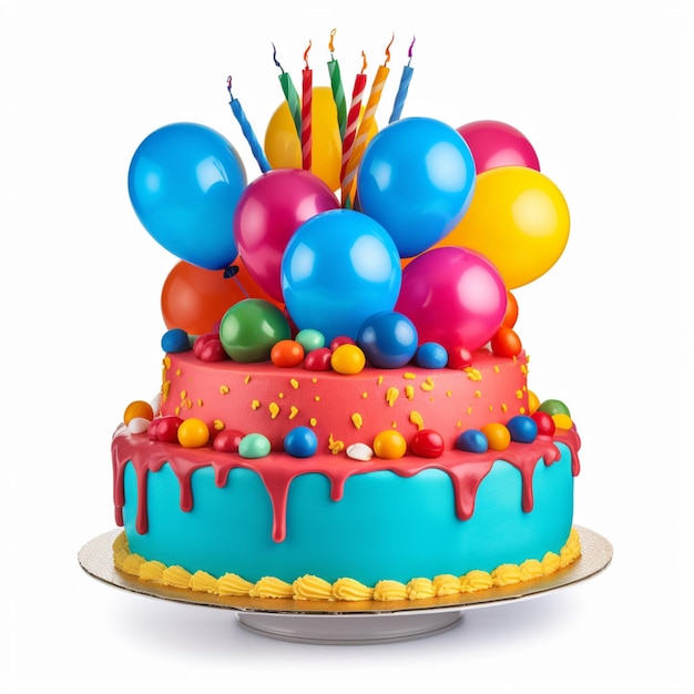 A cake with balloons on it and a white background