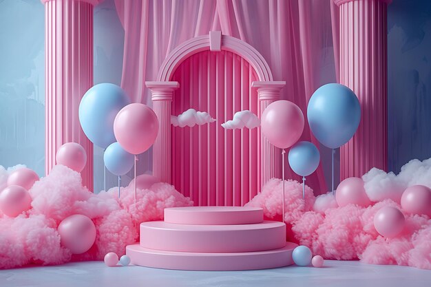 Photo a cake with balloons and a round podium with a pink arch in the background