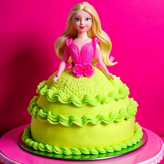 Photo a cake with a barbie on the top and a pink background