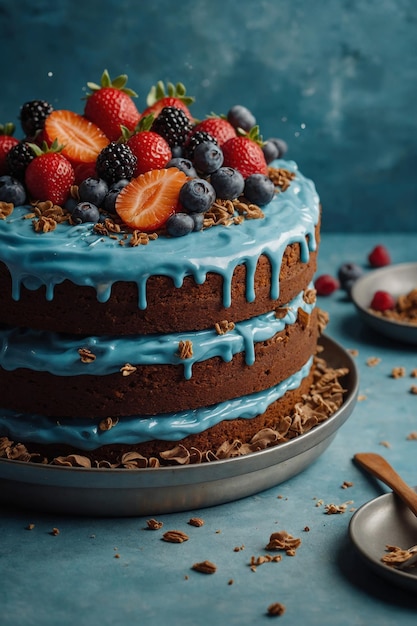 a cake with berries and berries on it sits on a table