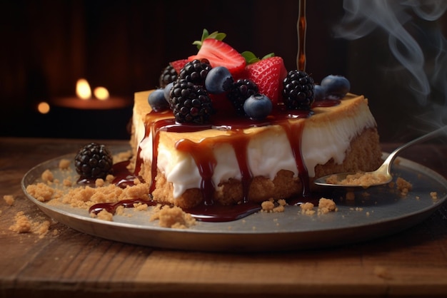 a cake with berries and a candle on it