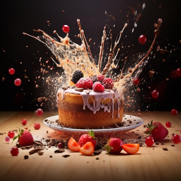 a cake with berries and cherries on a table