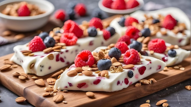 a cake with berries and cream cheese and berries on a wooden board