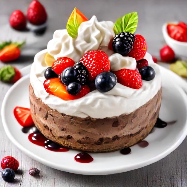 a cake with berries and cream on it sits on a plate