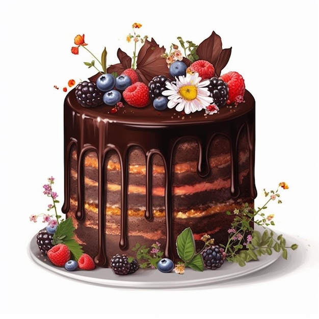 A cake with berries and flowers on it and chocolate World Chocolate Day