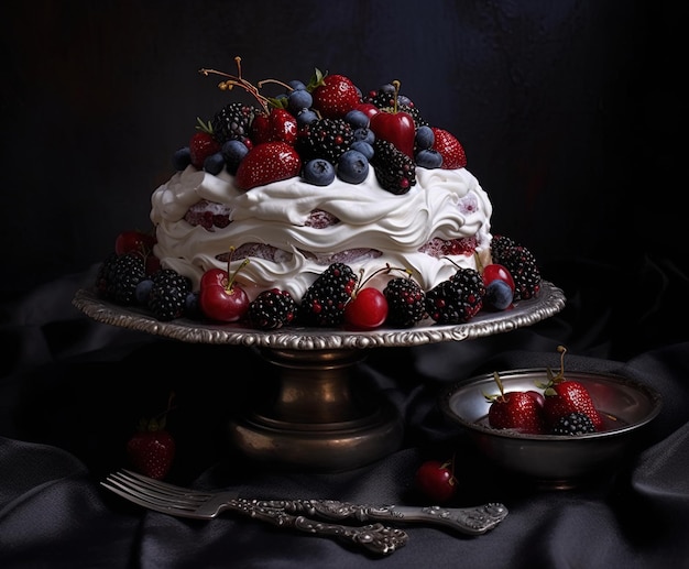 a cake with berries and a fork on it