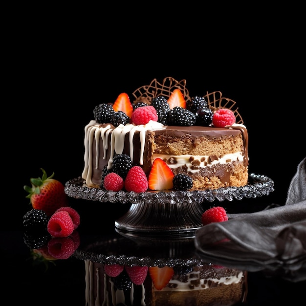 A cake with berries on it and a black background