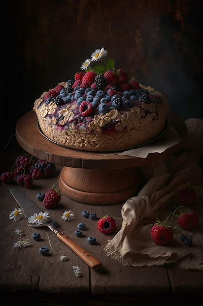 A cake with berries on it and a knife on a wooden stand.