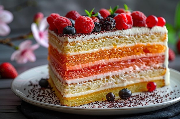 a cake with berries on it sits on a plate with a cake on it