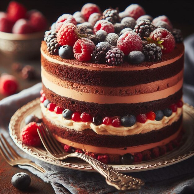 a cake with berries on it sits on a plate with a spoon