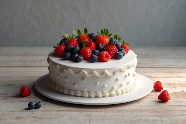 a cake with berries on it sits on a plate with a strawberry on it