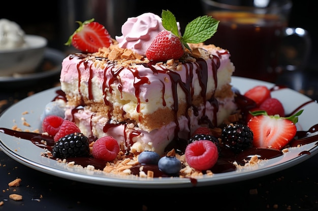 a cake with berries and strawberries on it sits on a plate