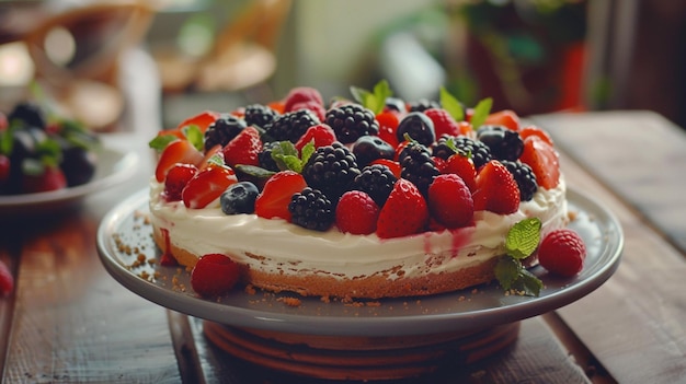 a cake with berries and strawberries on it sits on a table