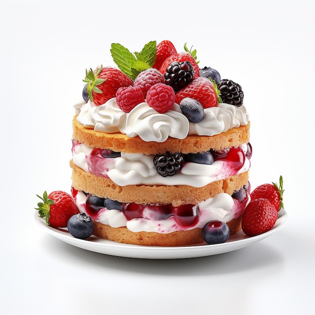 cake with berries strawberries raspberries and cream on a white background