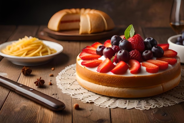 A cake with berries on top and a plate of bread on the table