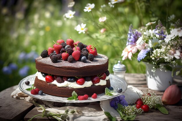 A cake with berries on top sits on a table in a garden.