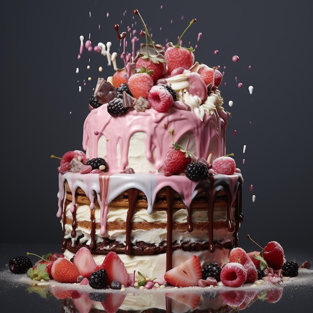 a cake with berries and white frosting with a black background