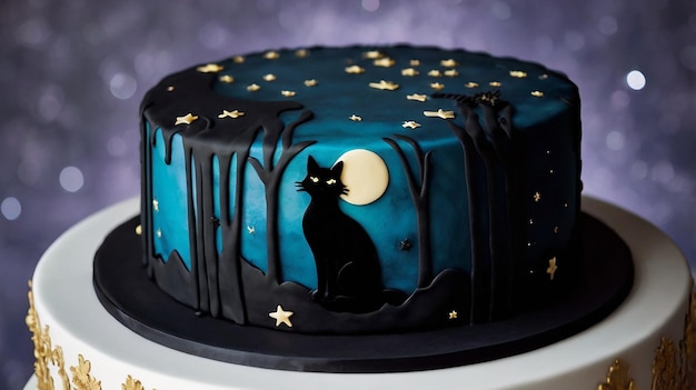 Photo a cake with a black cat on top of it and the moon on the top