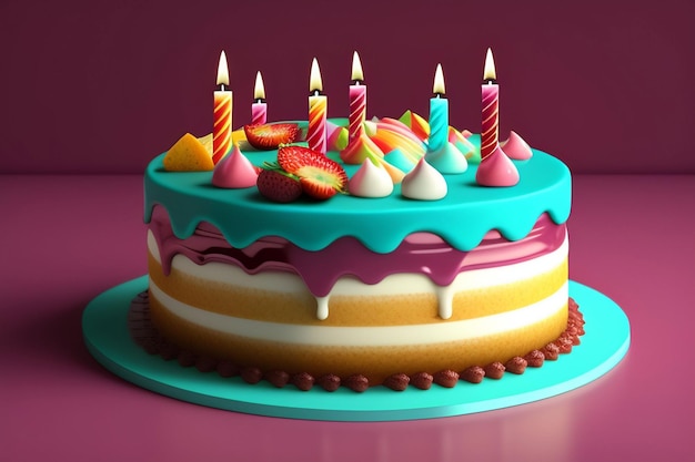 A cake with a blue and pink icing and candles on it.