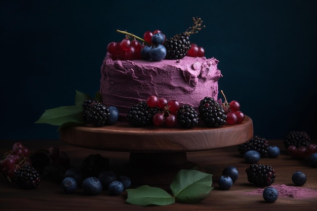 A cake with blueberries and blackberries on top