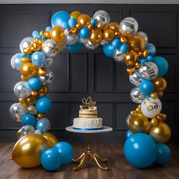 a cake with a bunch of balloons and a cake on a table