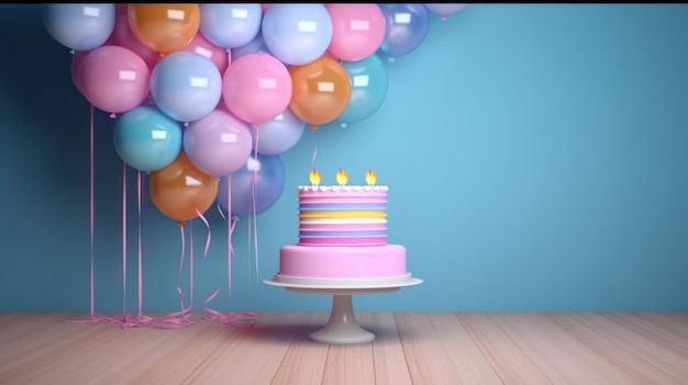 A cake with a bunch of balloons on a table