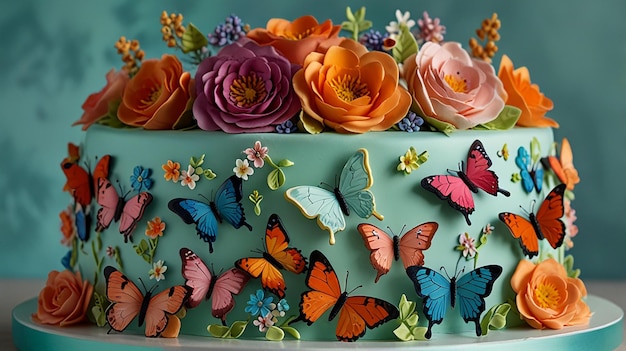 Photo a cake with butterflies on it and butterflies on the top