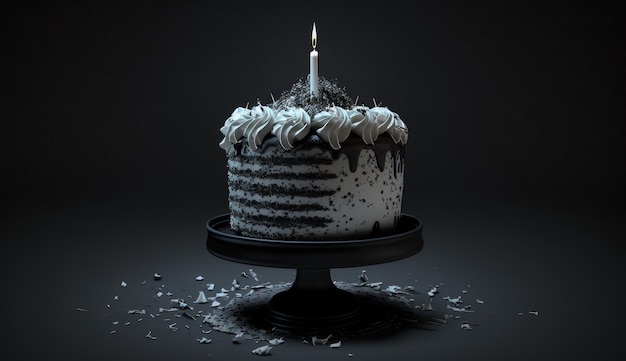 A cake with a candle on it is on a stand with scattered debris.