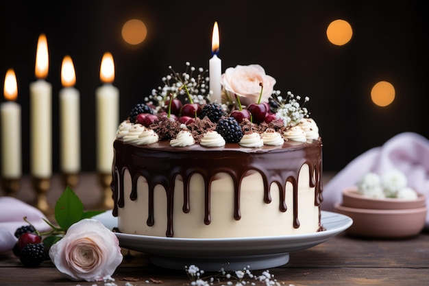 A cake with a candle that says " happy birthday " on it.