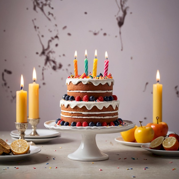 Photo a cake with candles and fruit on a table with candles lit