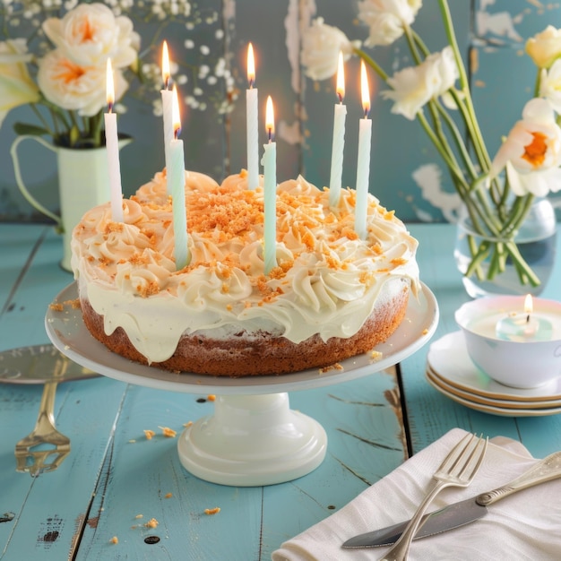 A cake with candles on it is sitting on a white plate on a wooden table