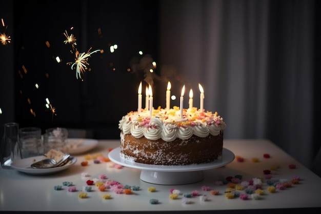 A cake with candles on it with sparklers on the top