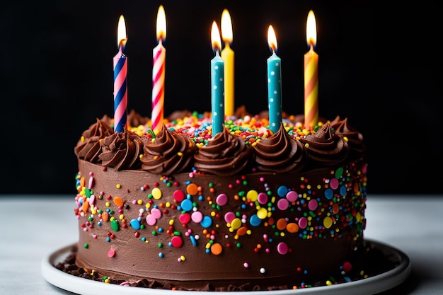 A cake with candles on it with the word birthday on it