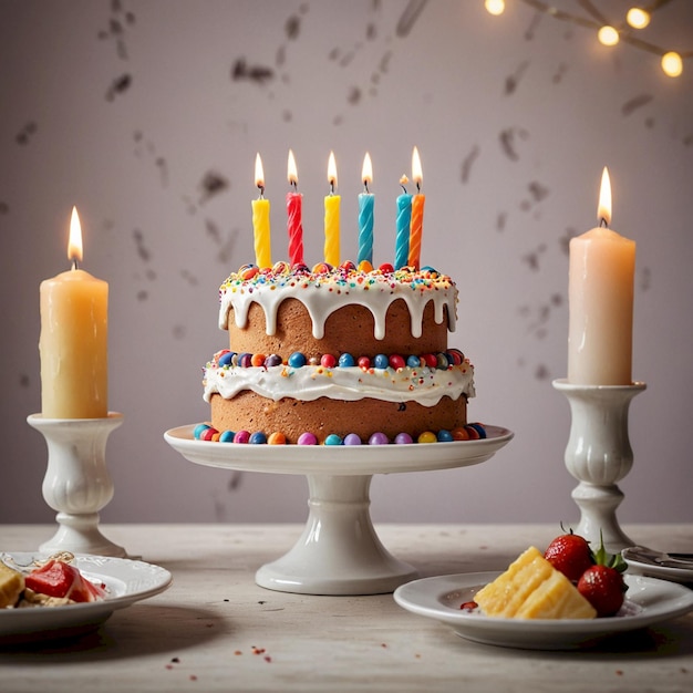 Photo a cake with candles that says birthdayon it