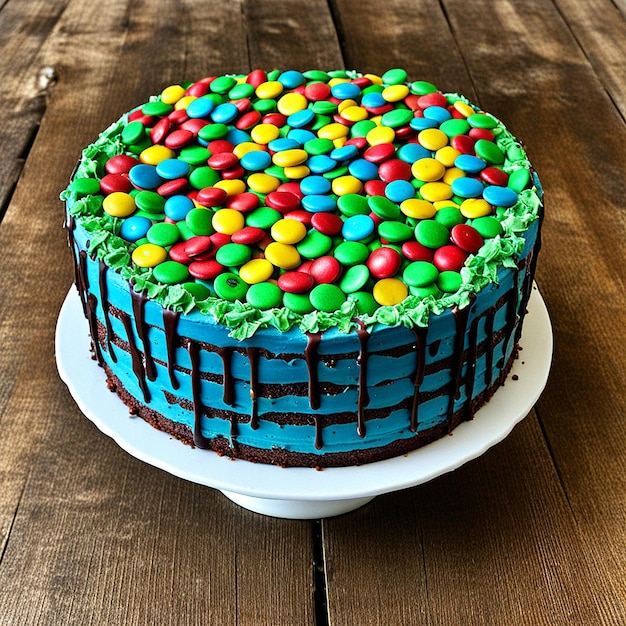 a cake with candy on it sits on a white plate