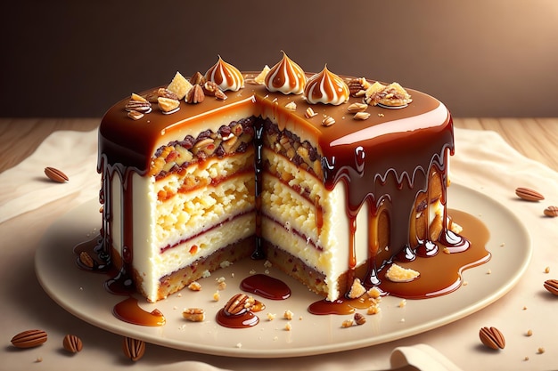 A cake with caramel sauce and nuts on it