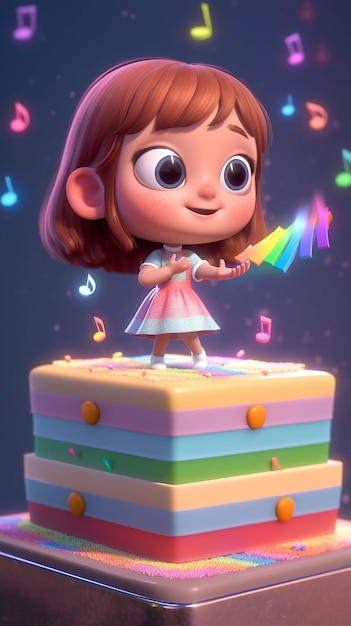 A cake with a cartoon character on it that says " the word rainbow " on it.