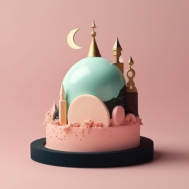 A cake with a castle on it that says'moon'on it