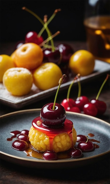 a cake with cherries on it and a red and white cake with cherries on the plate