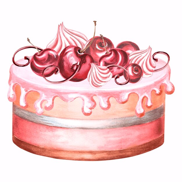 Cake with cherry and meringue watercolor illustration of berries pie dessert with glaze and cream